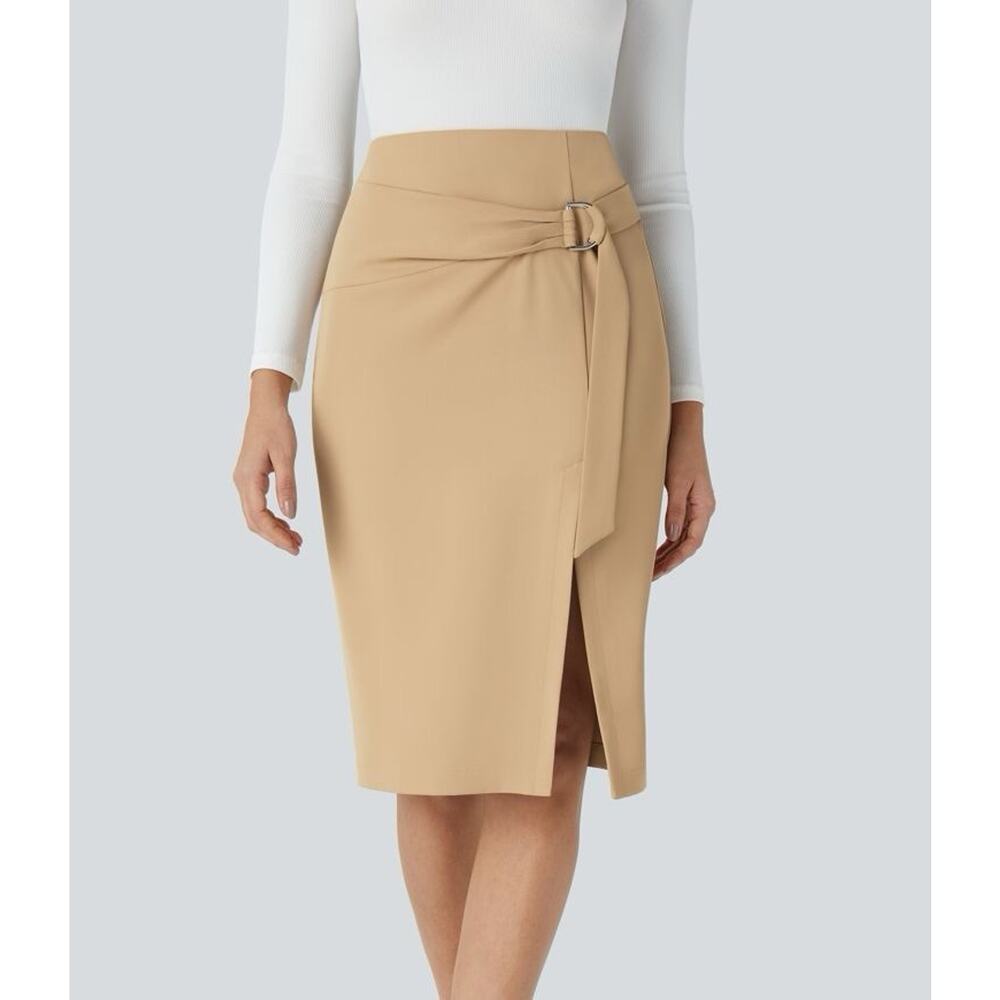 Halara High Waisted Belted Pocket Midi Work Pencil Skirt Size M Neutral Stretch